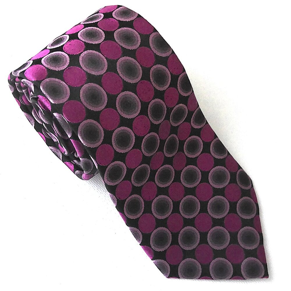 Alfani Men's Hand Made 100% Silk Tie Retro Rose Pink & Black Disco Dots EUC